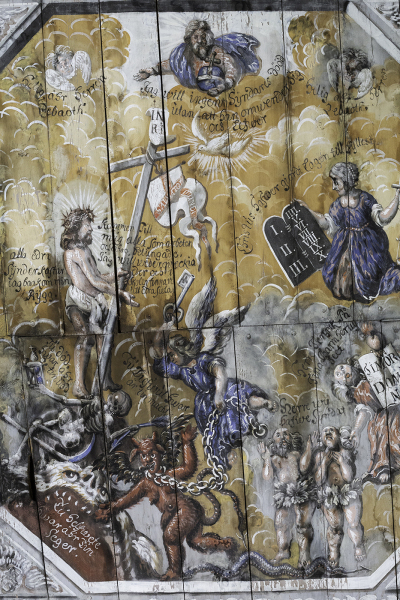 Målning från 1697 på plafondtak i långhuset